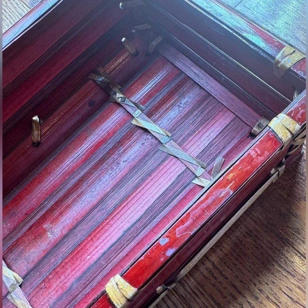 Red Tortoise Shell Bamboo Storage Box Vintage Home Decor Handmade Hand Crate